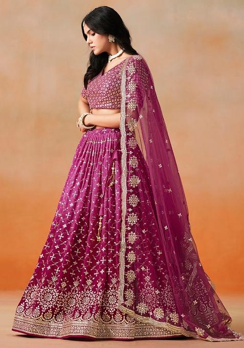 Red And Pink Georgette Sequin Embroidered Lehenga Set
