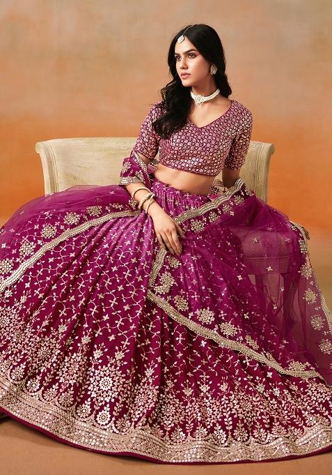 Red And Pink Georgette Sequin Embroidered Lehenga Set