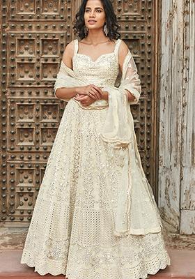 Off White Embroidered Organza Lehenga Set