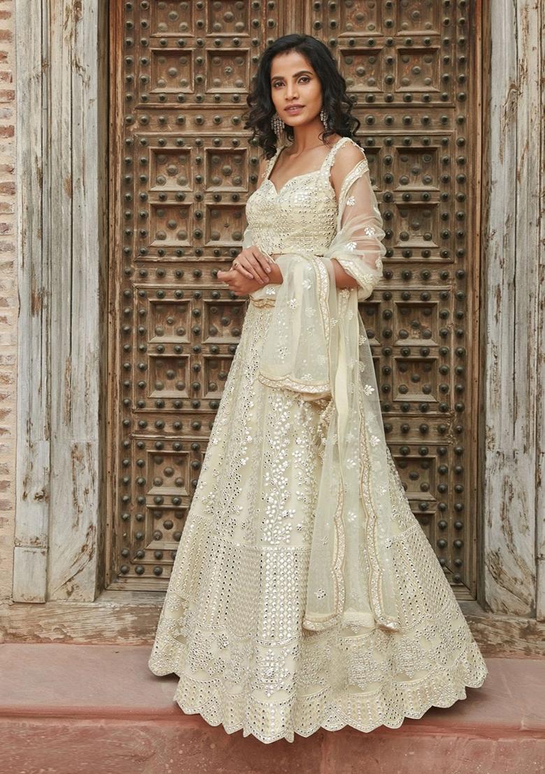 Off White Embroidered Organza Lehenga Set