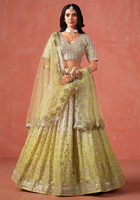 Yellow And Cream Georgette Sequin Embroidered Lehenga Set