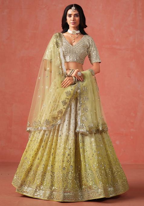 Yellow And Cream Georgette Sequin Embroidered Lehenga Set
