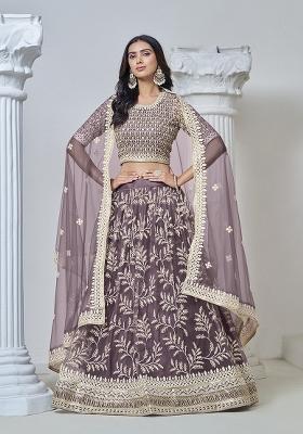 Purple Embroidered Net Lehenga Set With Dupatta