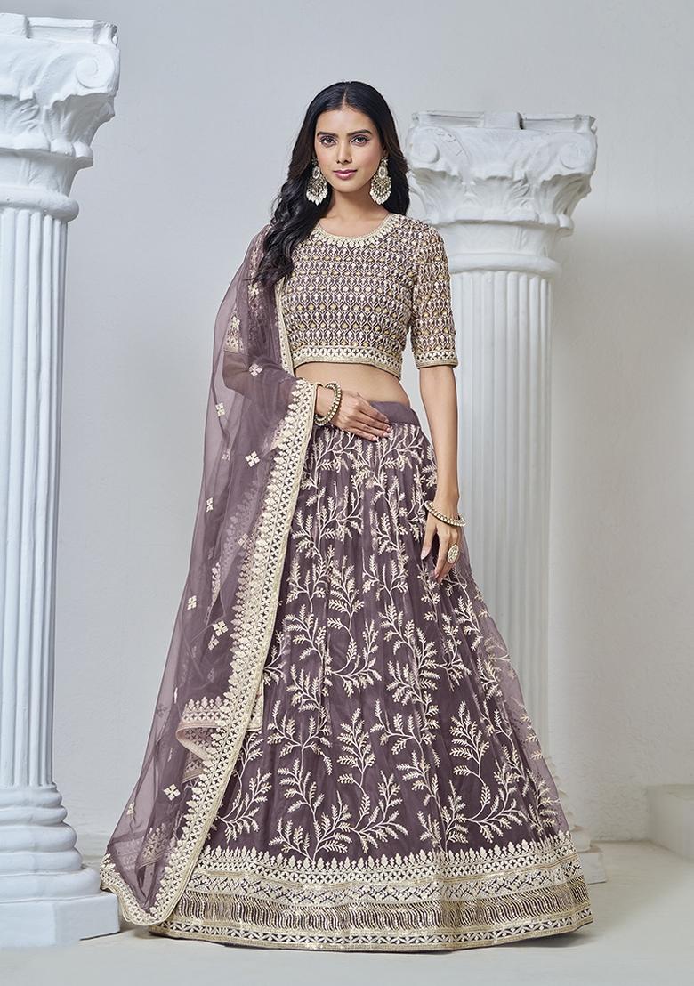 Purple Embroidered Net Lehenga Set With Dupatta