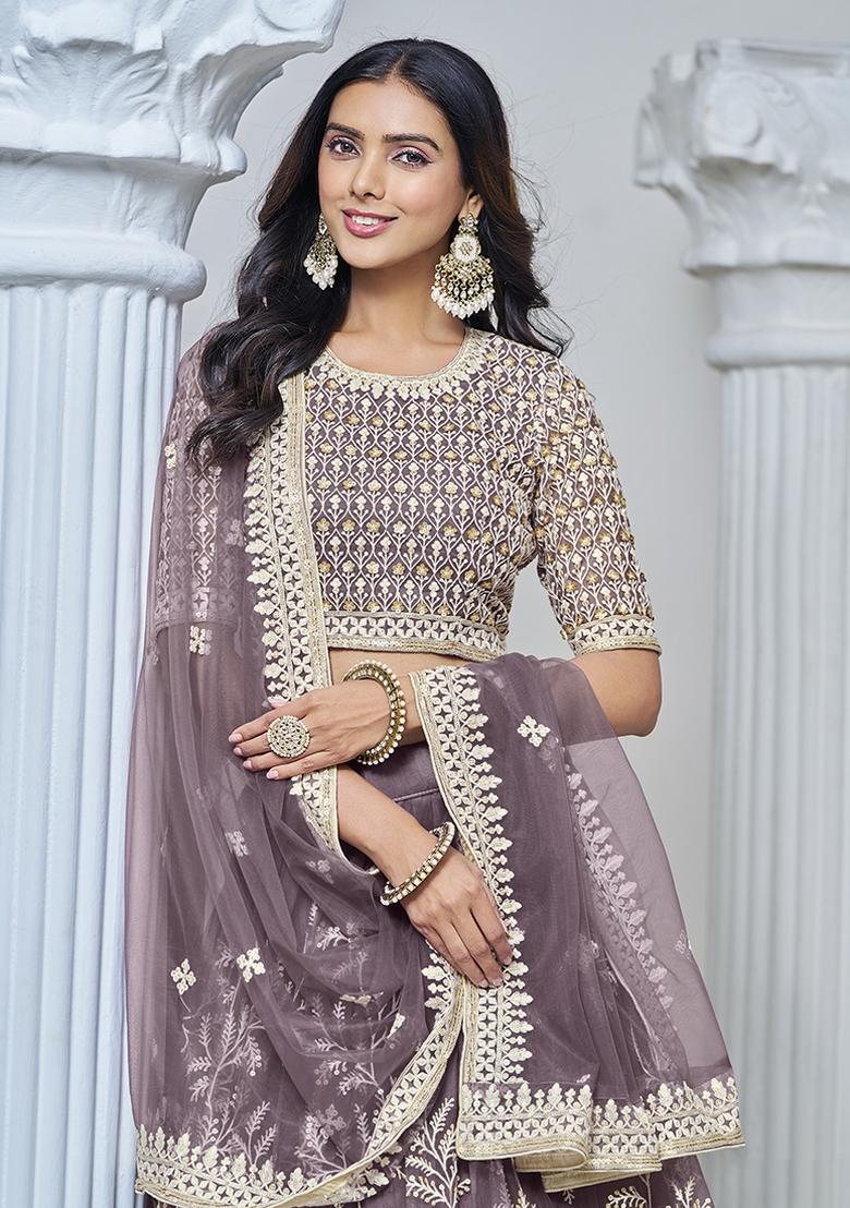 Purple Embroidered Net Lehenga Set With Dupatta