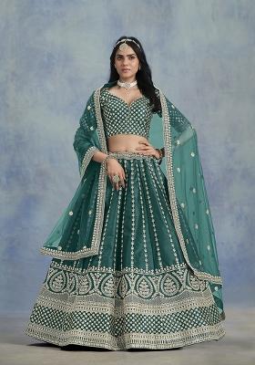 Teal Blue Embroidered Art Silk Lehenga Set With Dupatta