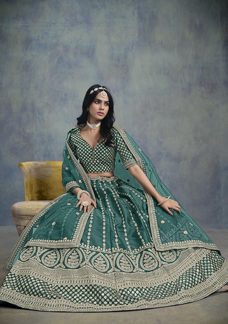 Teal Blue Embroidered Art Silk Lehenga Set With Dupatta