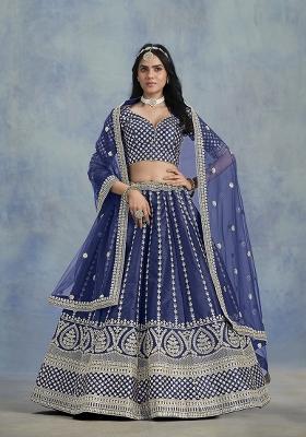 Blue Embroidered Art Silk Lehenga Set With Dupatta
