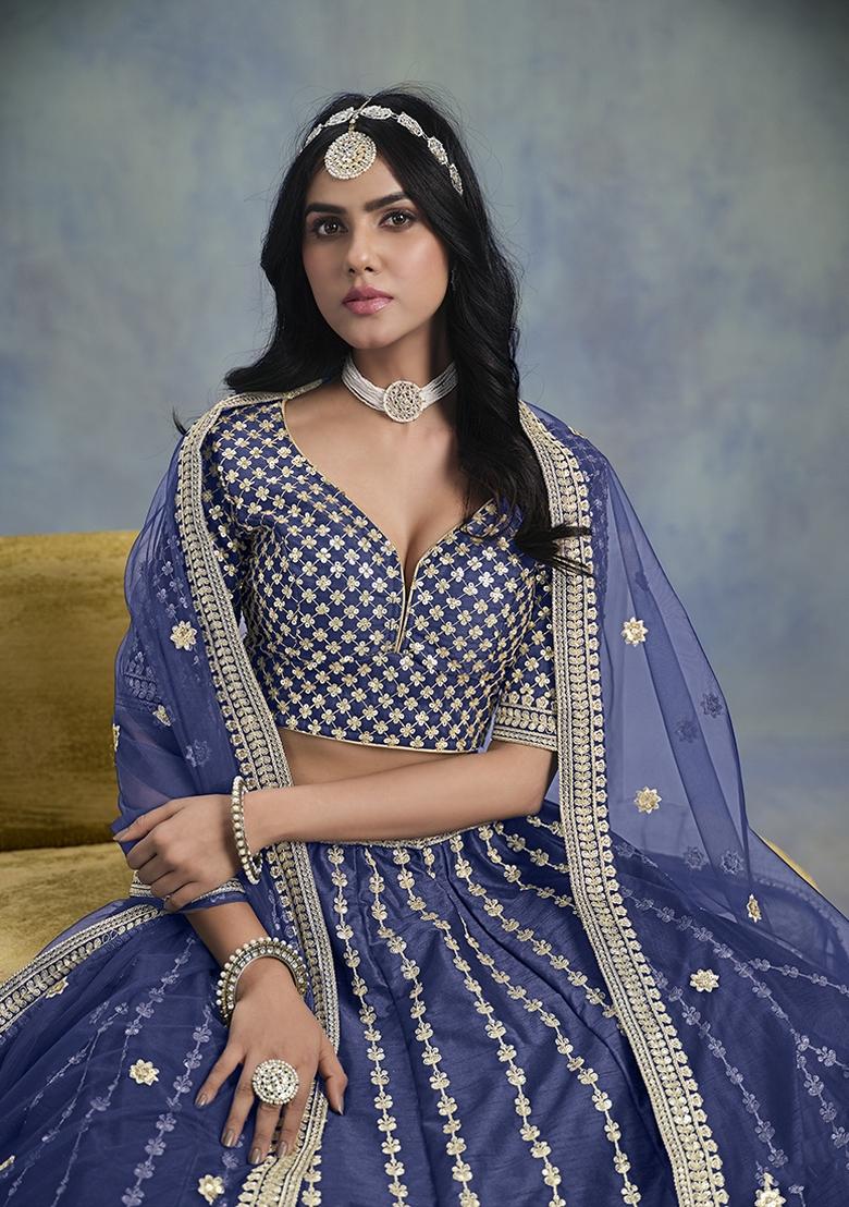 Blue Embroidered Art Silk Lehenga Set With Dupatta