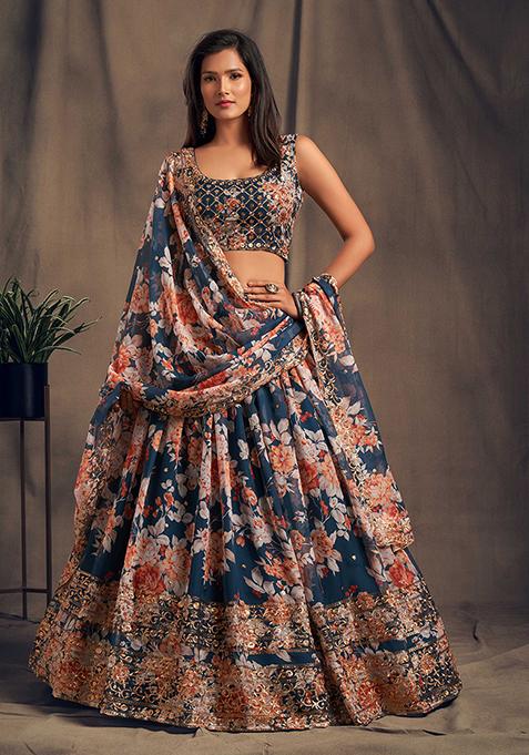 Blue Embroidered Organza Lehenga Set