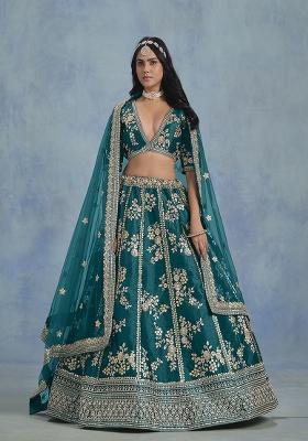 Teal Blue Embroidered Art Silk Lehenga Set With Dupatta