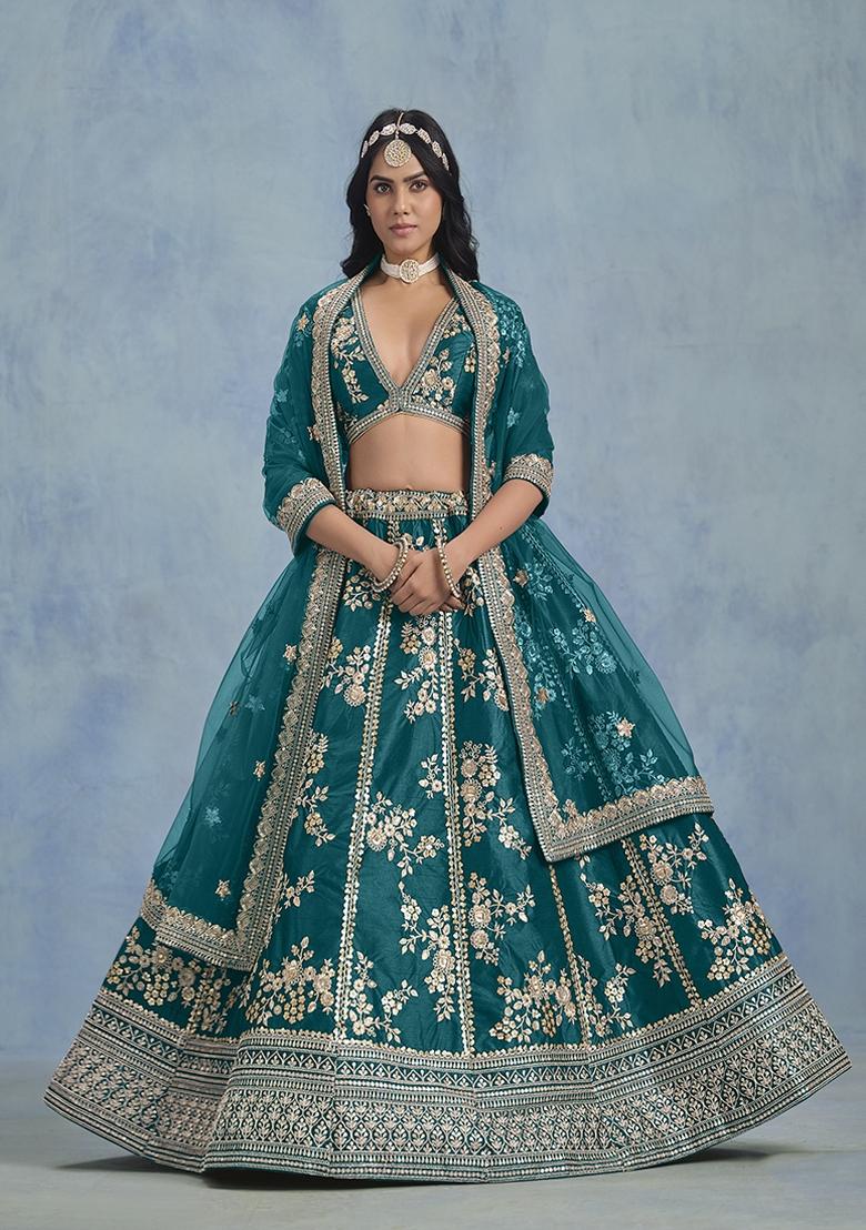 Teal Blue Embroidered Art Silk Lehenga Set With Dupatta