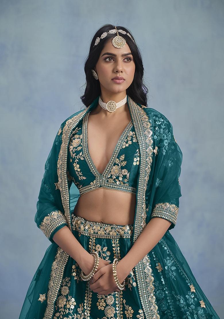 Teal Blue Embroidered Art Silk Lehenga Set With Dupatta