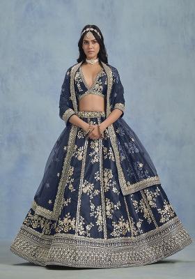 Navy Blue Embroidered Art Silk Lehenga Set With Dupatta
