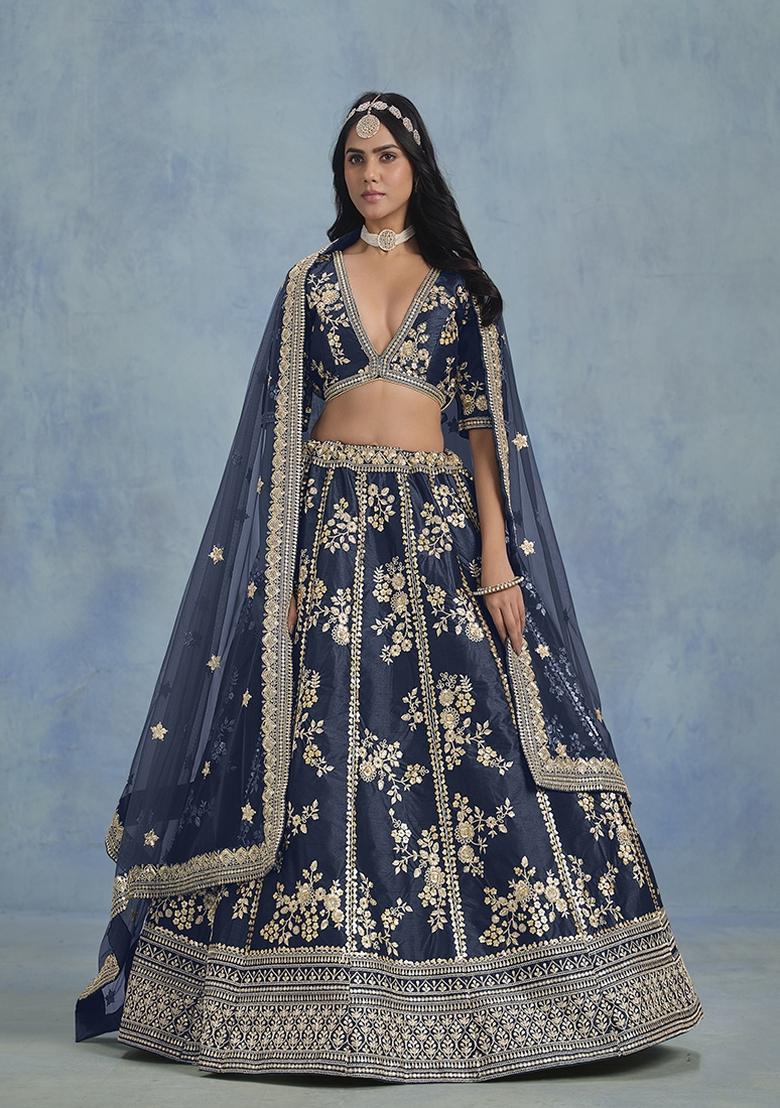 Navy Blue Embroidered Art Silk Lehenga Set With Dupatta