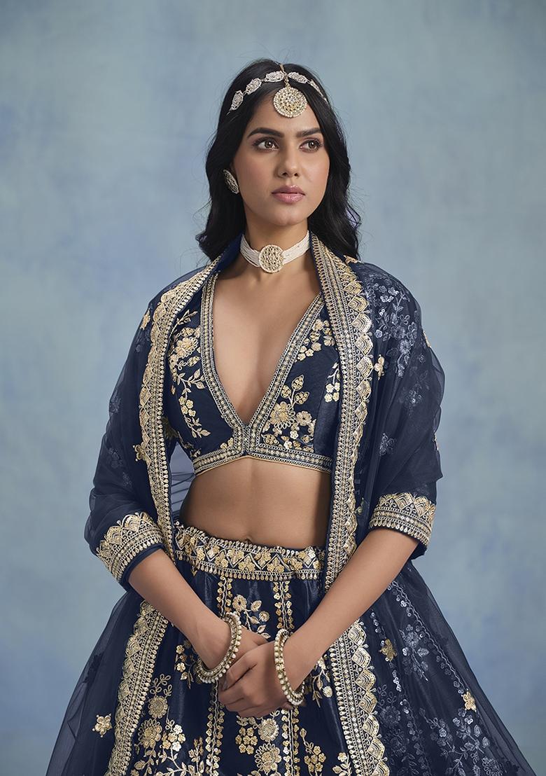 Navy Blue Embroidered Art Silk Lehenga Set With Dupatta