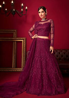 Purple Embroidered Net Lehenga Set