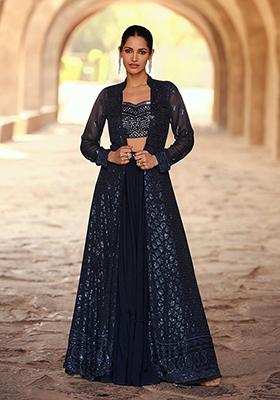 Blue Embroidered Georgette Lehenga Set