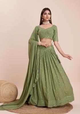Green Embroidered Georgette Lehenga Set With Dupatta