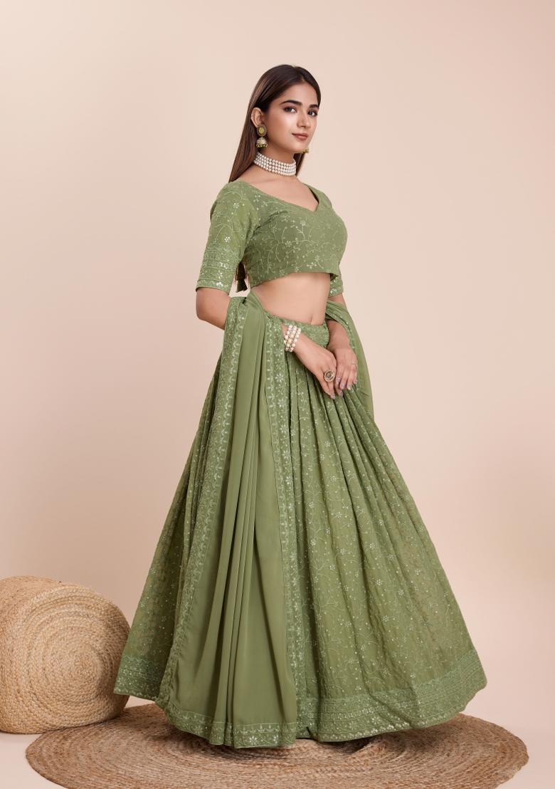 Green Embroidered Georgette Lehenga Set With Dupatta