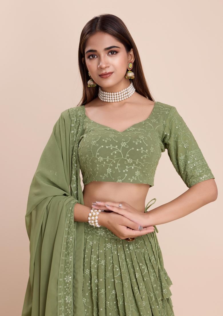 Green Embroidered Georgette Lehenga Set With Dupatta