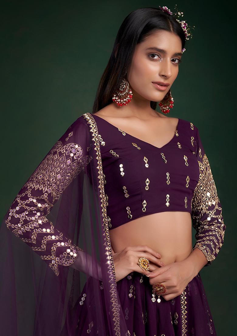 Wine Zari Sequence Mirror Work Georgette Lehenga Set