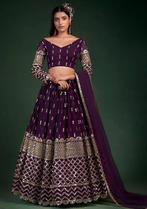 Wine Zari Sequence Mirror Work Georgette Lehenga Set