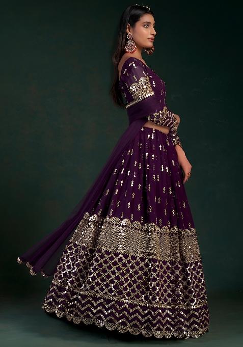 Wine Zari Sequence Mirror Work Georgette Lehenga Set