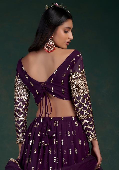 Wine Zari Sequence Mirror Work Georgette Lehenga Set