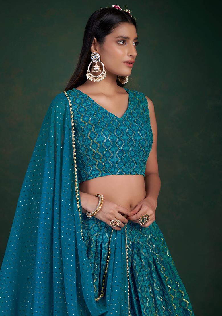 Blue Sequence Work Georgette Lehenga Set - Indya