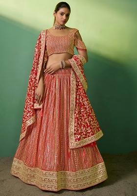 Red Embroidery Sequence Georgette Lehenga Set