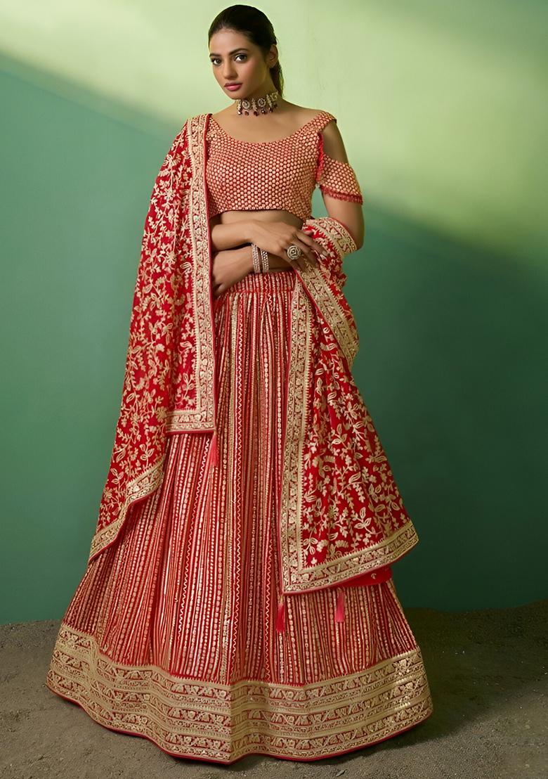 Red Embroidery Sequence Georgette Lehenga Set