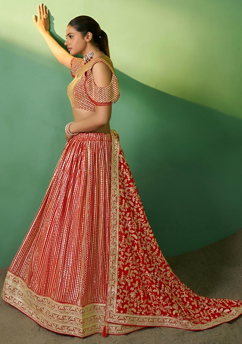 Red Embroidery Sequence Georgette Lehenga Set