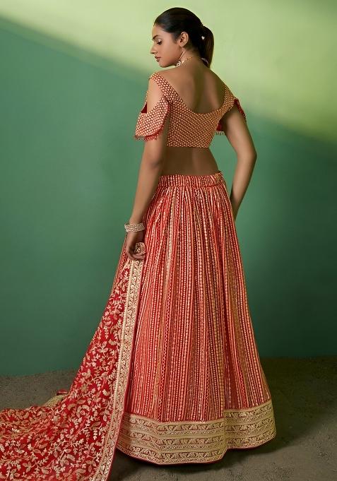 Red Embroidery Sequence Georgette Lehenga Set