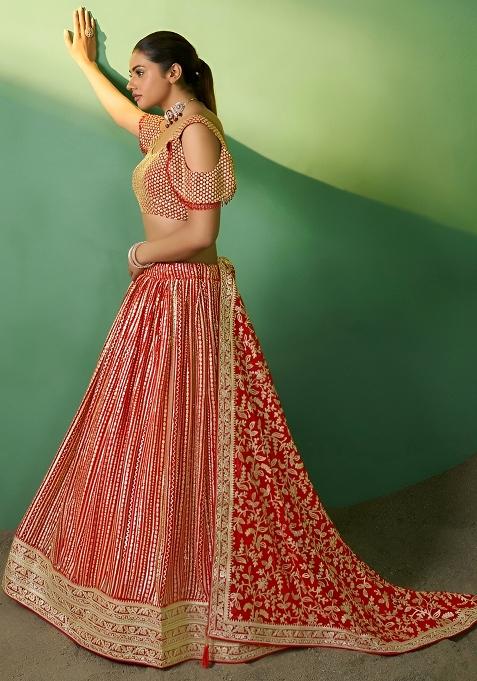 Red Embroidery Sequence Georgette Lehenga Set