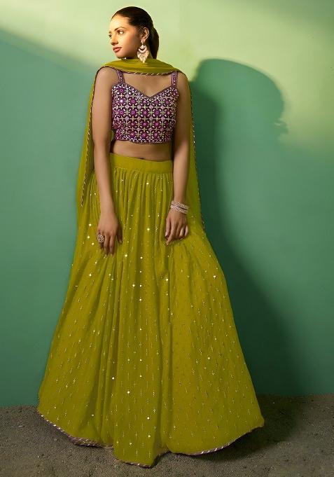 Mahendi Embroidery Sequence Georgette Lehenga Set