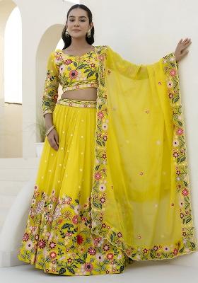 Yellow Embroidery Sequence Organza Lehenga Set