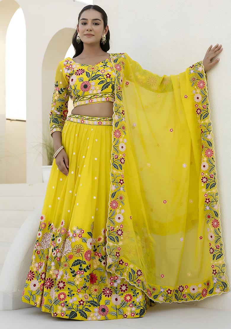 Yellow Embroidery Sequence Organza Lehenga Set