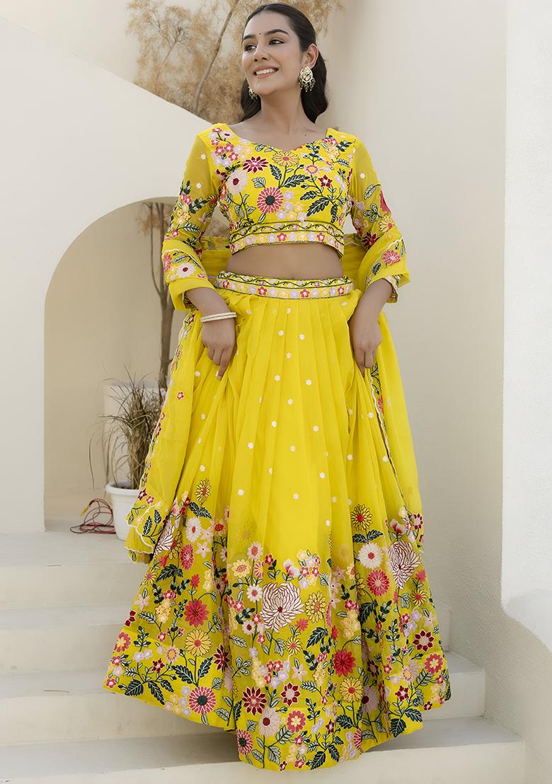 Yellow Embroidery Sequence Organza Lehenga Set