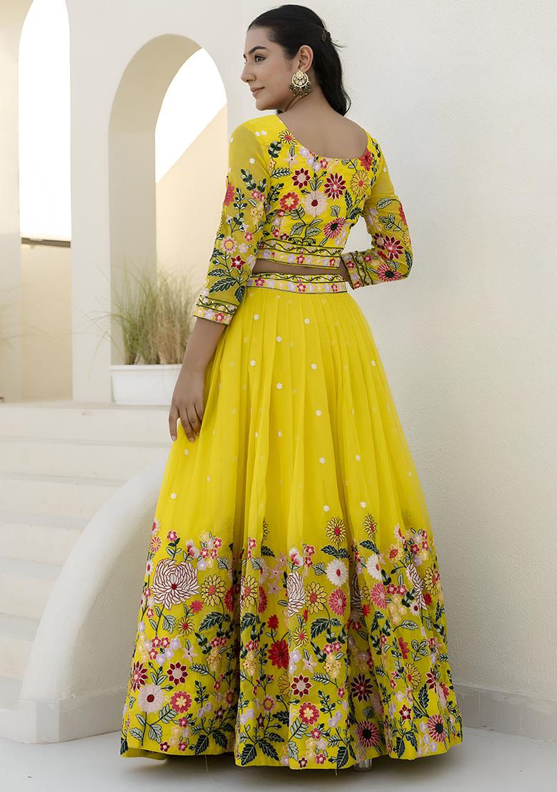 Yellow Embroidery Sequence Organza Lehenga Set