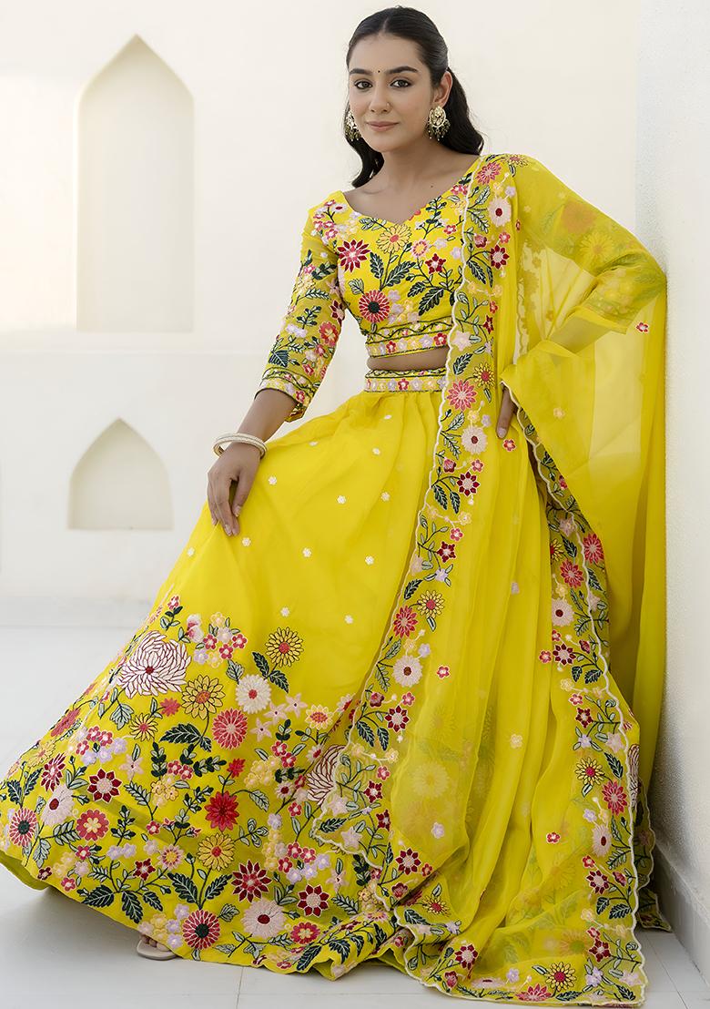Yellow Embroidery Sequence Organza Lehenga Set