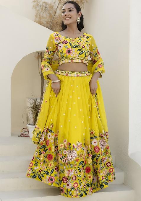 Yellow Embroidery Sequence Organza Lehenga Set