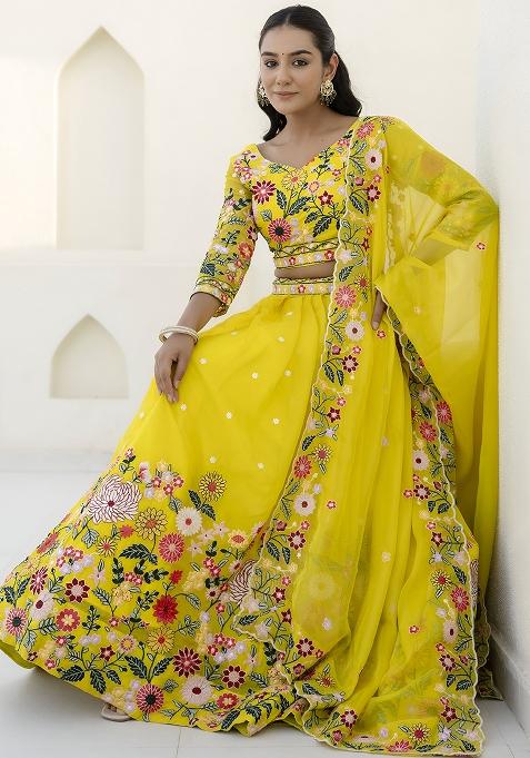 Yellow Embroidery Sequence Organza Lehenga Set