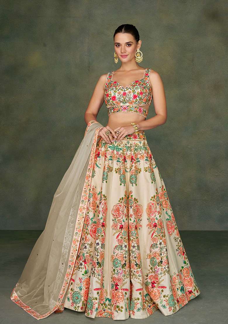 Cream Embroidered Art Silk Blend Lehenga Set for Diwali and Festive Wear - Indya