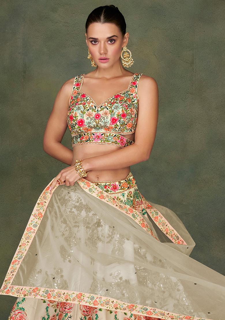 Cream Embroidered Art Silk Lehenga Set