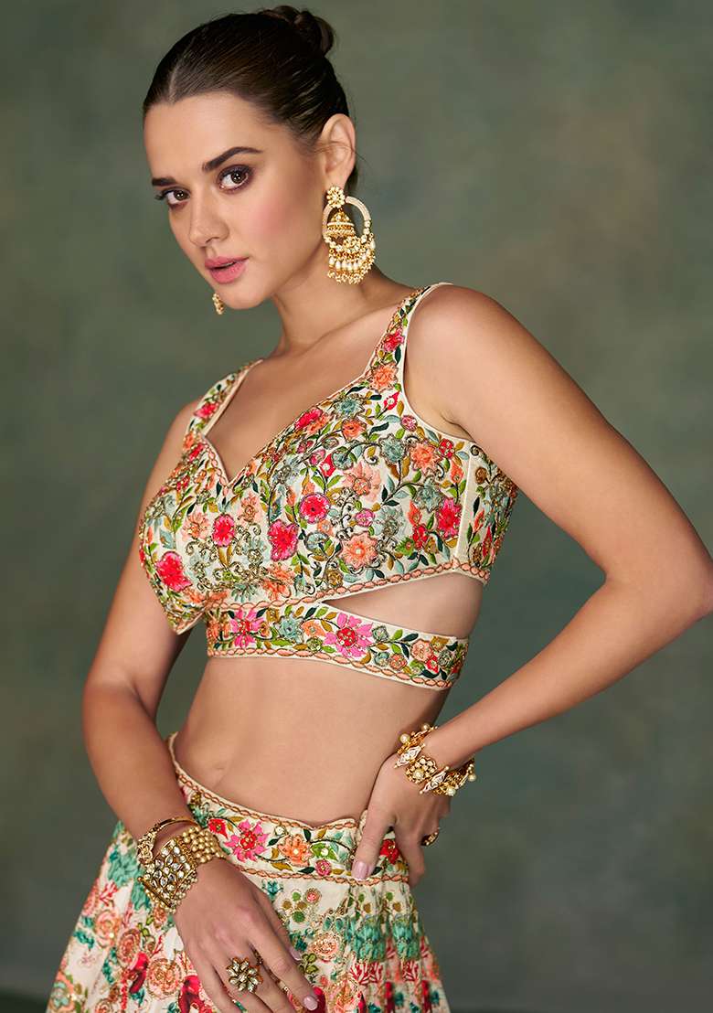 Cream Embroidered Art Silk Blend Lehenga Set for Diwali and Festive Wear - Indya