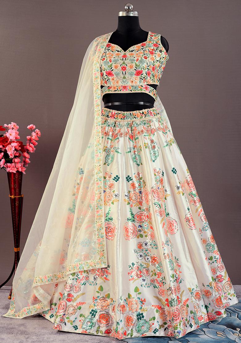 Cream Embroidered Art Silk Lehenga Set