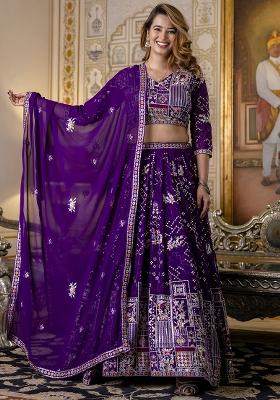 Purple Embroidery Sequence Georgette Lehenga Set