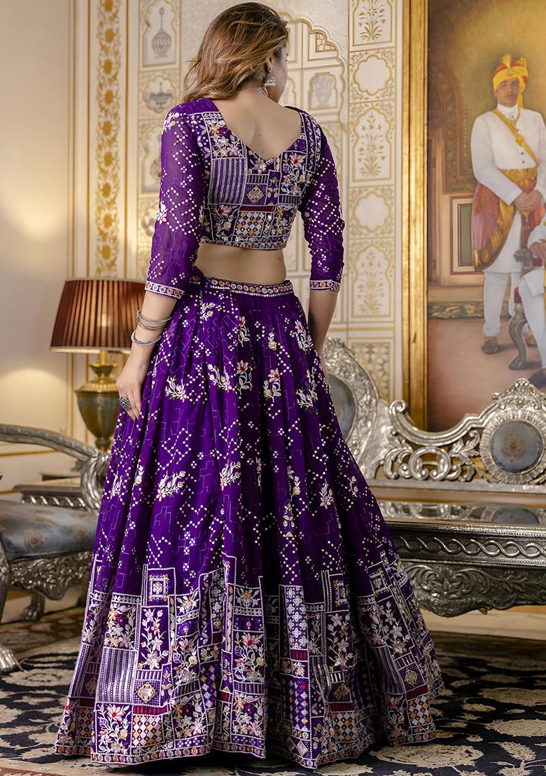 Purple Embroidery Sequence Georgette Lehenga Set