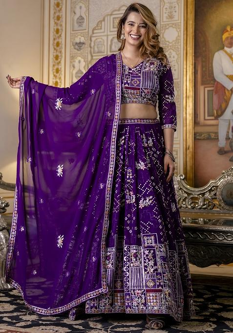 Purple Embroidery Sequence Georgette Lehenga Set